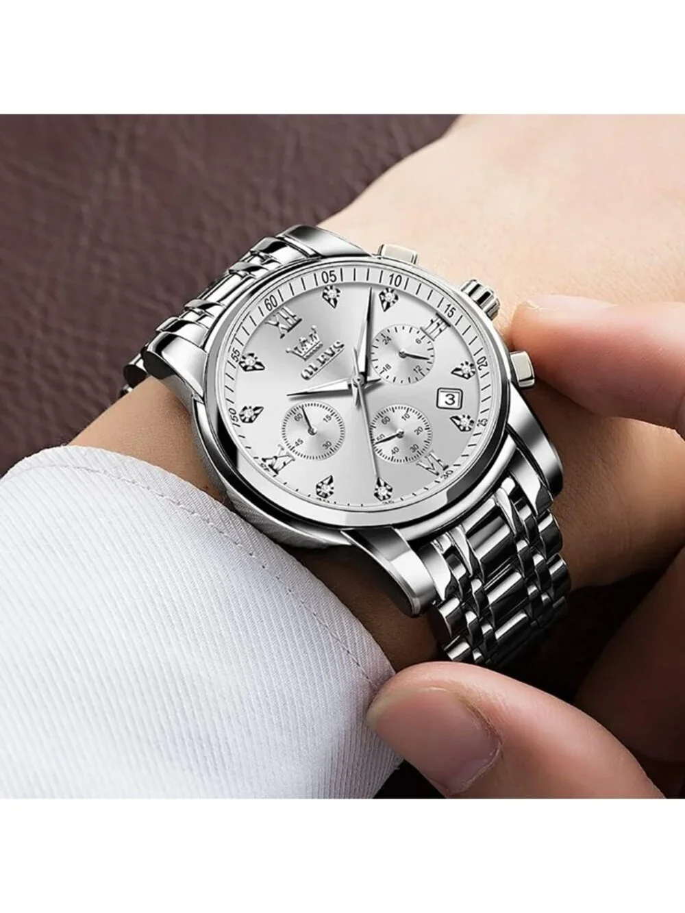 Olevs Mens Silver White Face Multifunction Waterproof Luminous Chronograph Watch
